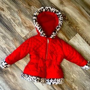 Pistachio Red and Faux Fur Leopard Trim Hooded Coat Size 2T